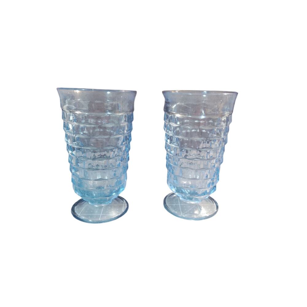 Set of 2 Indiana Blue Goblets Whitehall Cubist Footed Water Ice Tea Glasses